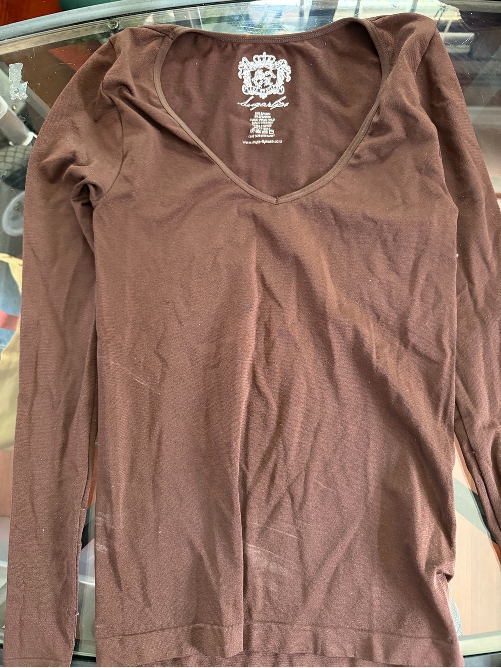 Sugarlips Chocolate Brown V-Neck Top with Silver Print